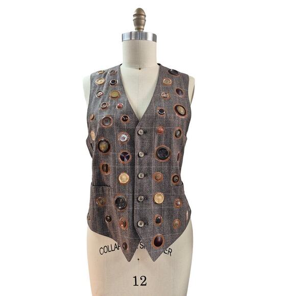 VTG Plaid Wool Vest Art Multi Button Design Olive Green Satin Back M Unisex - Picture 1 of 5
